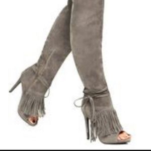 Gray knee high suede boots